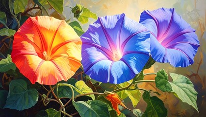 Vibrant Morning Glories in Full Bloom - A Colorful Floral Display.