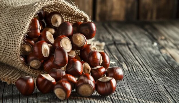 Fresh chestnuts spilling from burlap canvas sack, glossy dark brown chestnuts with beige circular marks, rough natural burlap fabric