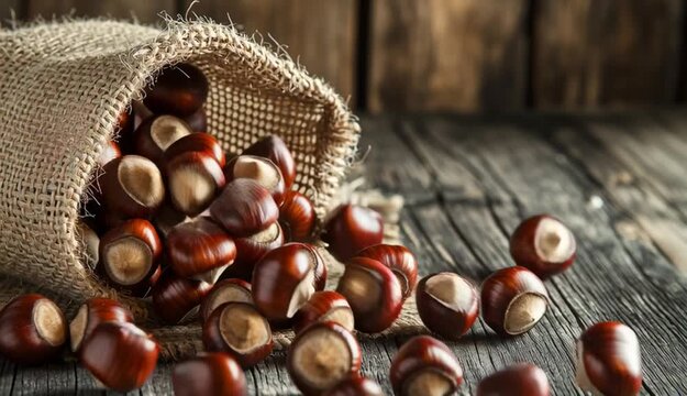 Fresh chestnuts spilling from burlap canvas sack, glossy dark brown chestnuts with beige circular marks, rough natural burlap fabric