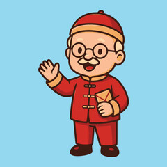 Obraz premium A cheerful cartoon character wearing glasses and a traditional Chinese outfit waving with one hand and holding an envelope in the other against a light blue background with a flat vector
