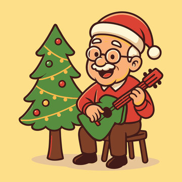 A cheerful elderly man in a Santa hat plays a green ukulele beside a decorated Christmas tree with a flat vector design on a yellow background.
