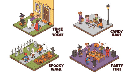 Fototapeta premium Isometric Vector Illustration Set of Halloween Scenes Featuring Children Trick or Treating, Sorting Candy Haul, Walking Through a Spooky Graveyard, and Celebrating at a Festive Costume Party.