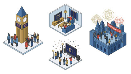 Obraz premium Isometric Vector Illustration Set of New Year's Eve Countdown Scenes with People Celebrating at a Clock Tower, Watching TV at Home, Outdoor Screen Party, and Rooftop Fireworks Holiday Event