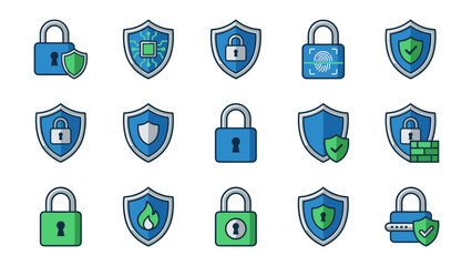 Cybersecurity and Data Protection Icon Set Featuring Blue and Green Padlocks and Shields in a Clean Geometric Style for Network Security, Privacy, Encryption, and Digital Safety Concepts.
