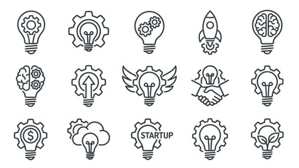 Fototapeta na wymiar Collection of 15 minimalist line art icons for business startups and innovation. Features lightbulbs, gears, rockets, brains, handshakes, and growth symbols in a clean grid for creative projects.