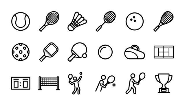 Set of 18 Minimalist Tennis and Racket Sport Line Icons Featuring Equipment Like Rackets, Balls, Shuttlecocks, Nets, Players, Courts, and Trophies for Web Design and Sports Branding Projects