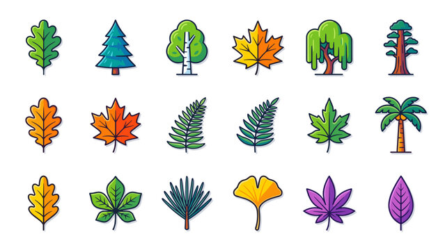 Vibrant flat vector icon set featuring various forest trees and botanical leaves. Includes oak, maple, pine, palm, birch, willow, ginkgo, and fern elements on a clean white background.