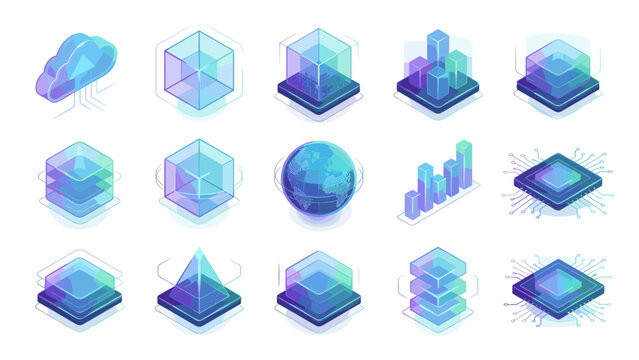 Futuristic Isometric Holographic Icon Set for Big Data, Cloud Computing, and Global Networking; 3D Glowing Elements Including Microchips, Bar Charts, Digital Storage, and Tech Projections
