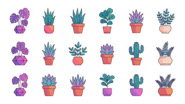 Modern Gradient Indoor Plant Vector Icon Set Featuring Potted Houseplants Like Monstera, Cactus, Succulents, and Snake Plants in Stylish Pots, Arranged in a Grid on a Clean White Background.