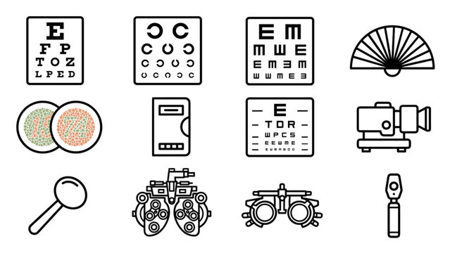 Comprehensive Vector Icon Set for Ophthalmology and Optometry, Featuring Eye Test Charts, Snellen, Landolt C, Phoropter, Trial Frames, Ishihara Color Test, and Medical Vision Diagnostic Tools.