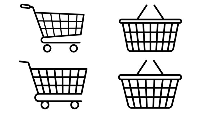 Minimalist line art icon set featuring shopping carts and baskets for retail and e-commerce design, presented in a clean grid layout on a white background for store and market branding.