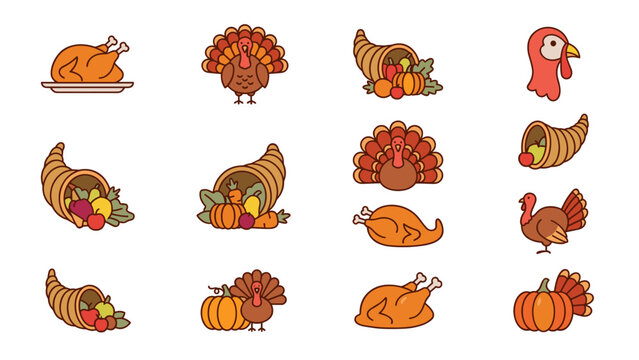 Thanksgiving Holiday Icon Set with Turkey, Roasted Turkey, Cornucopia, and Pumpkin. Flat Vector Illustrations of Autumn Harvest Elements for Festive Celebration, Dinner, and Seasonal Design.