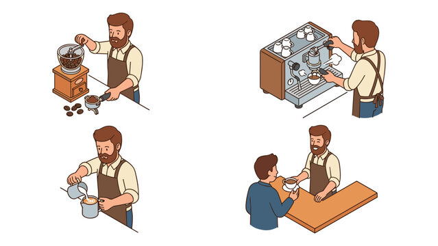 Isometric vector illustration set of a professional barista making coffee: grinding beans, operating an espresso machine, pouring latte art, and serving a customer at a cafe counter.