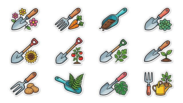Collection of 12 vibrant gardening sticker icons featuring shovels, trowels, hand forks, and scoops with plants, flowers, carrots, tomatoes, and succulents in a neat grid for creative projects.