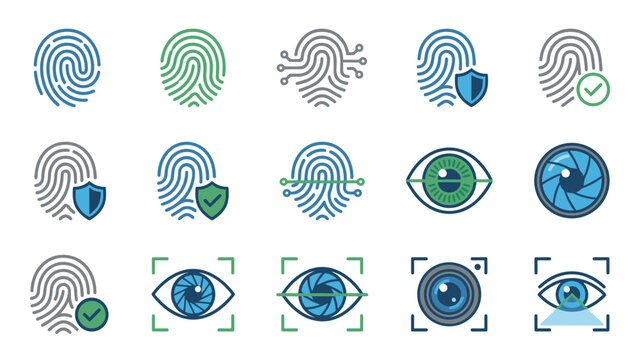 Biometric Security Icon Set: 15 Vector Illustrations of Fingerprint and Eye Scanning Technology for Digital Authentication, Identity Verification, and Cyber Security Protection Systems.