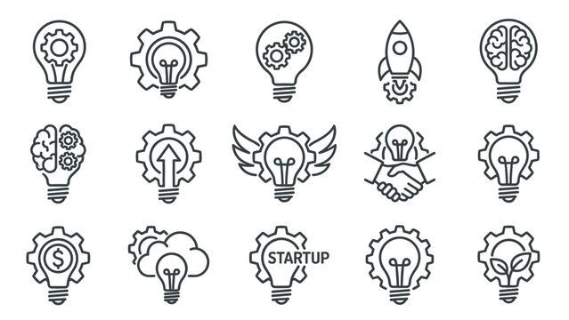 Collection of 15 minimalist line art icons for business startups and innovation. Features lightbulbs, gears, rockets, brains, handshakes, and growth symbols in a clean grid for creative projects.