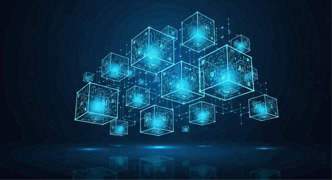 Glowing blue cubes in a digital network background with futuristic