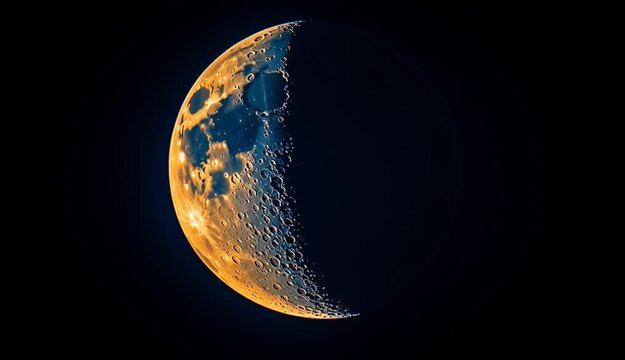 Waxing crescent blue moon phase against pure black background, golden orange illuminated crescent with visible lunar surface texture and craters, sharp detailed moon surface