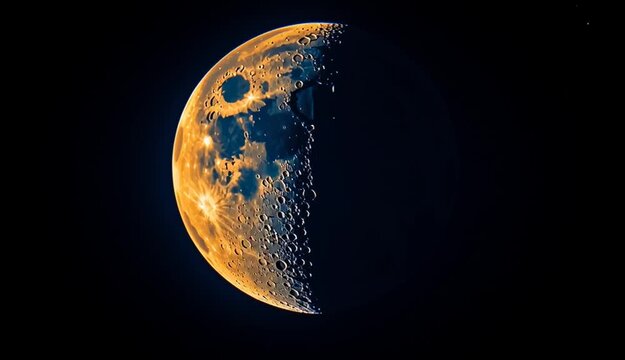 Waxing crescent blue moon phase against pure black background, golden orange illuminated crescent with visible lunar surface texture and craters, sharp detailed moon surface