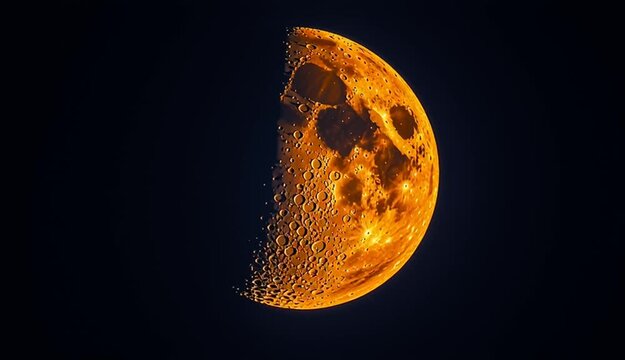 Waxing crescent blue moon phase against pure black background, golden orange illuminated crescent with visible lunar surface texture and craters, sharp detailed moon surface