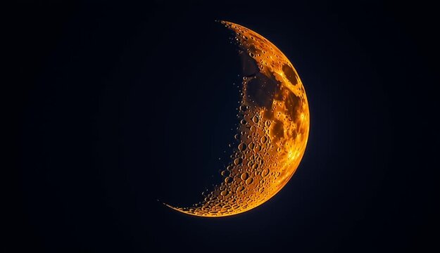 Waxing crescent blue moon phase against pure black background, golden orange illuminated crescent with visible lunar surface texture and craters, sharp detailed moon surface