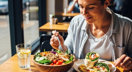Naklejka premium Contented woman enjoys nutritious salad and wrap meal in a sunlit cafe setting