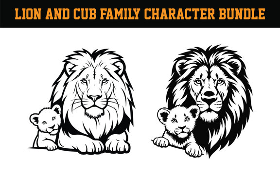 Lion and cub family character bundle illustration of two lion cubs with their fathers in black and white