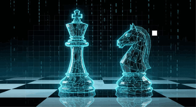 Glowing blue chess pieces on digital board with wireframe design