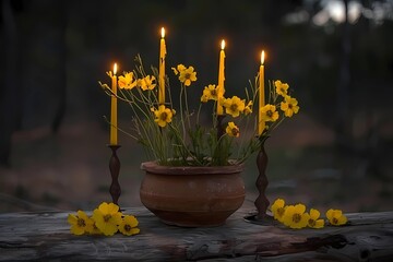 Beltane altar, flowers, branches, candles, natural textures, forest clearing, earthy tones, soft evening light 