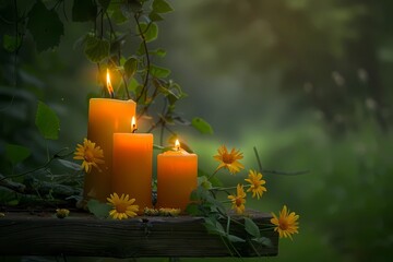Realistic still life, Beltane celebration, candles glowing at dusk, flowers and greenery