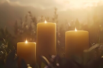 Realistic still life, Beltane celebration, candles glowing at dusk, flowers and greenery