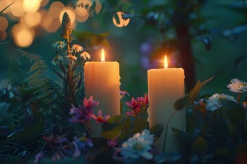Beltane celebration, candles glowing at dusk, flowers and greenery