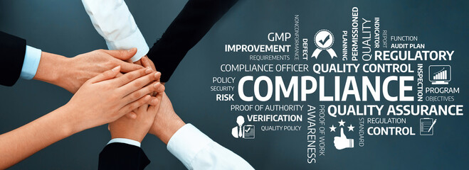 A group of hands coming together represents teamwork in compliance and quality control. This visual...