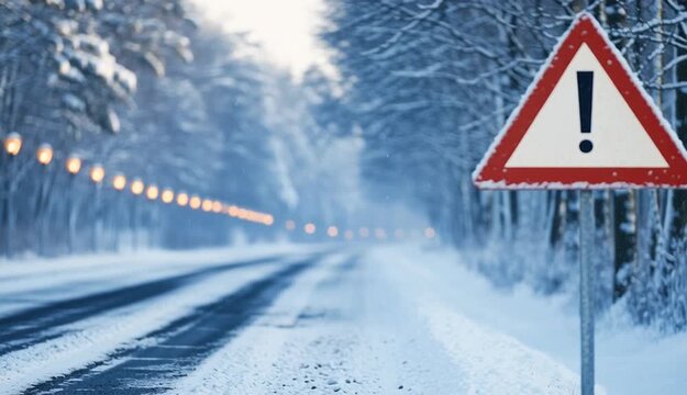 Red triangular warning road sign with exclamation mark on metal post, snowy winter road with tire tracks, row of street lights along road receding into distance