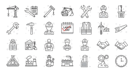 Labor Day and Construction Industry Doodle Icons Set.