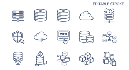 Database and Cloud Computing Icons Set for Data Storage and Network Security.