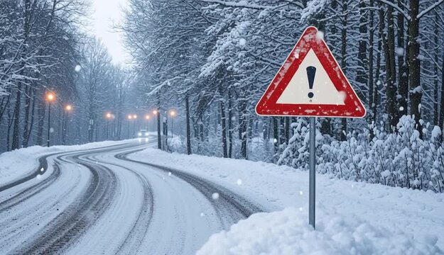 Red triangular warning road sign with exclamation mark on metal post, snowy winter road with tire tracks, row of street lights along road receding into distance