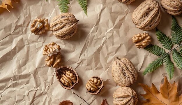 Walnuts in shells with autumn dried leaves on crumpled beige kraft paper background, whole walnuts scattered on right side, dried brown fern fronds
