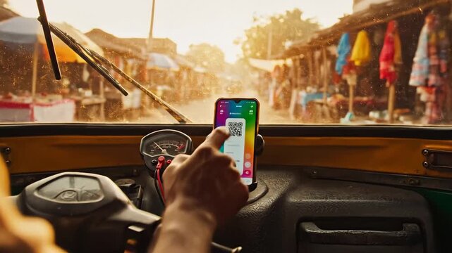 Close up of a hand touching a smartphone displaying a QR code with a rainbow color gradient in an auto rickshaw with blurred market stalls in the background during golden hour sunset