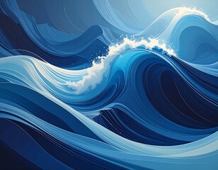 Abstract Ocean Waves Illustration with Dynamic Blue Tones.