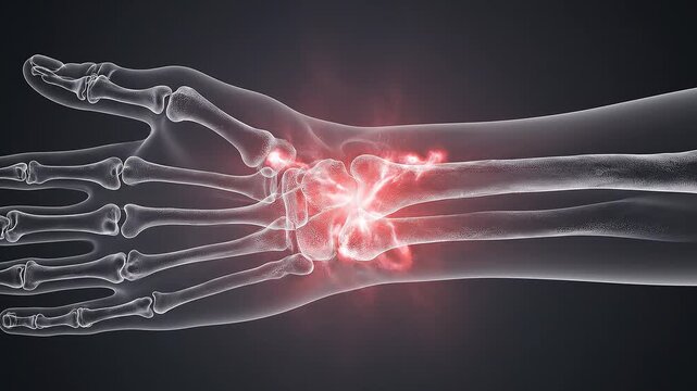 Xray of human wrist with highlighted pain medical illustration of hand bones and joint inflammation.