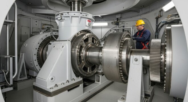 Technician performs maintenance inside the housing of a large industrial machine featuring massive metal gears
