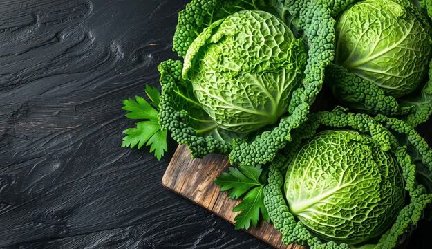 Fresh Savoy cabbage heads on rustic wooden cutting board, dark black wooden table background, green crinkled textured cabbage leaves