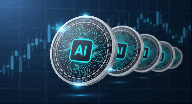 Glowing ai coins with circuit patterns on dark blue background with graphs