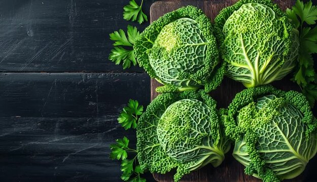 Fresh Savoy cabbage heads on rustic wooden cutting board, dark black wooden table background, green crinkled textured cabbage leaves