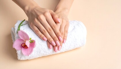 Elegant Manicure on Towel with Orchid Blossom - A Spa Day.