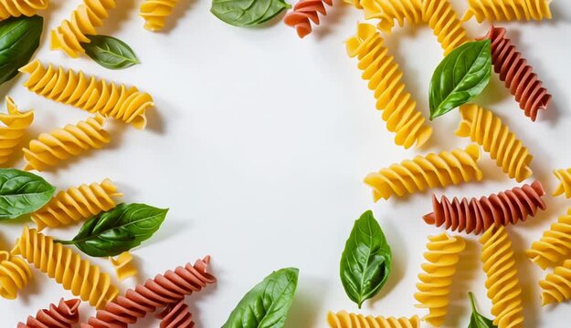 Colorful fusilli pasta arranged in border frame pattern on white background