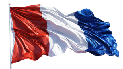 French national flag waving in wind realistic fabric texture patriotic symbol of France isolated for design use on white background