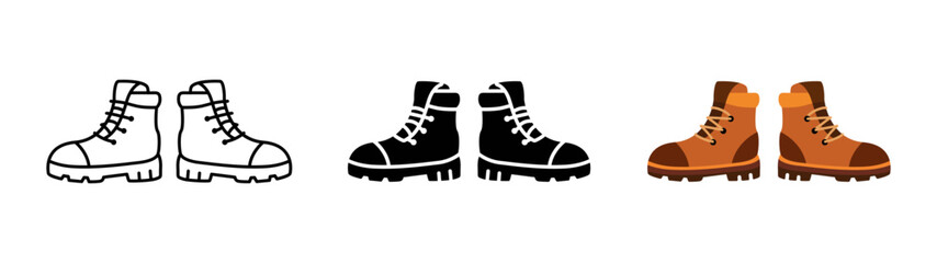Boots icon set with outline, solid and colored styles. Vector footwear symbols for hiking, work, outdoor adventure, travel, fashion and safety design, suitable for web, app and UI use.
