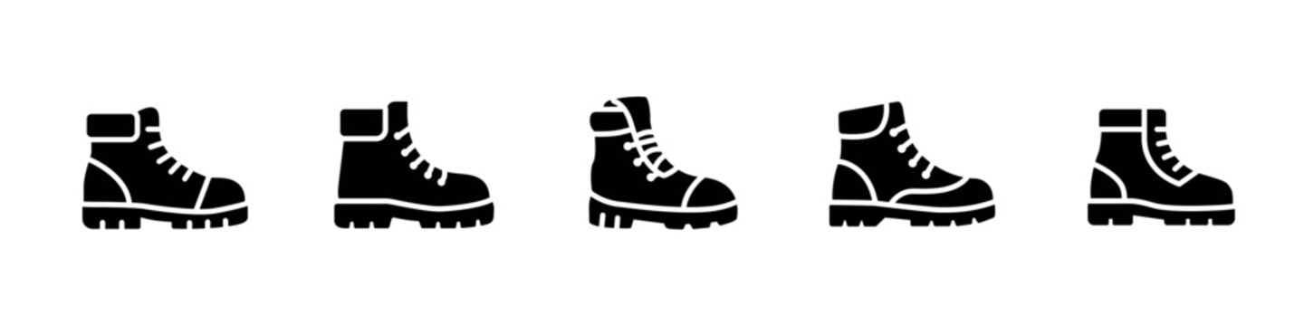 Work boots icon set showing different lace-up boot shapes. Simple footwear icons set isolated on white background, suitable for UI, apps, and infographics.